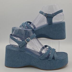 Steve Madden Becca Denim Fabric Platform Sandals Wedges Strappy Womens Sz 10 EUC